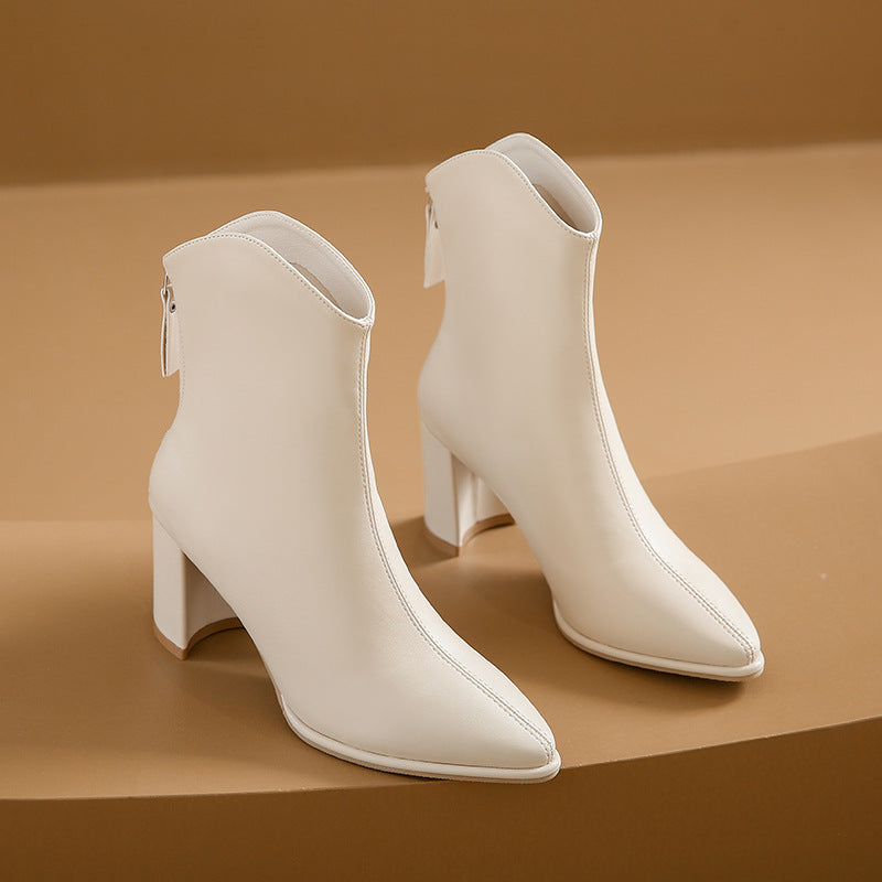 Genuine Leather Pointed Toe High Heel Boots Female White Chunky Heels - EnigmaParis