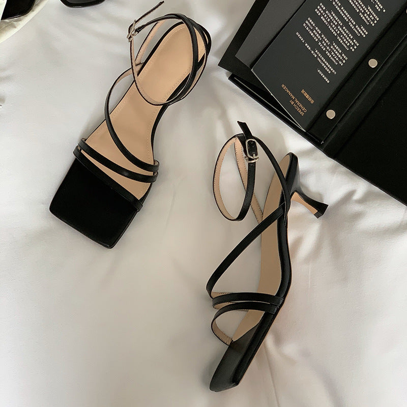 Square-headed fairy sandals with stiletto heels