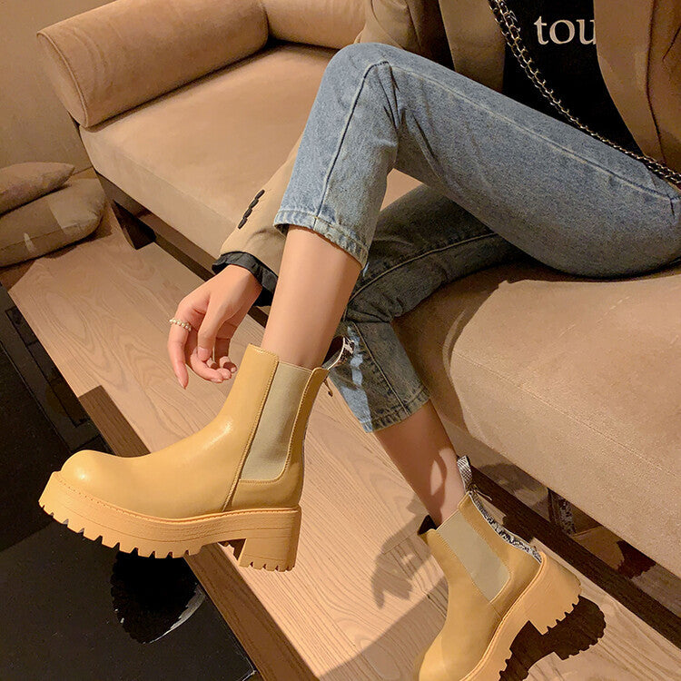 Women's Korean-style Thick High Heel Leather Round Toe Martin Boots - EnigmaParis