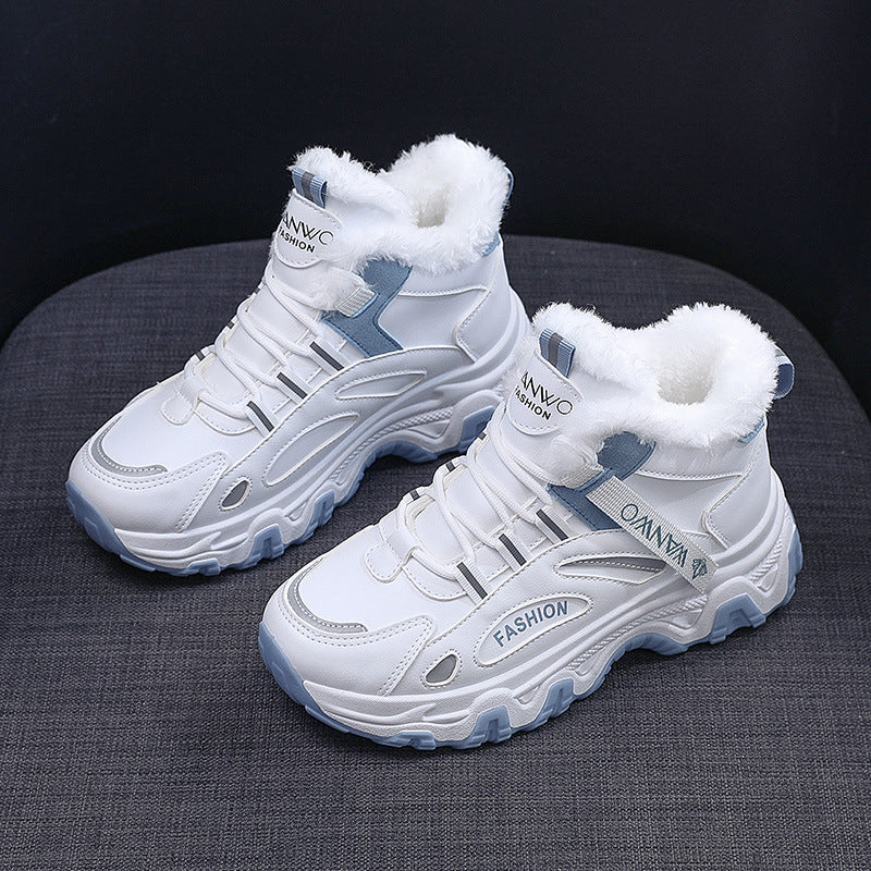 Fashion Black White Lace-up Sneakers Winter Warm All-match Plush Shoes Women Plus Velvet Fleece Flat High-top Sports Shoes - EnigmaParis
