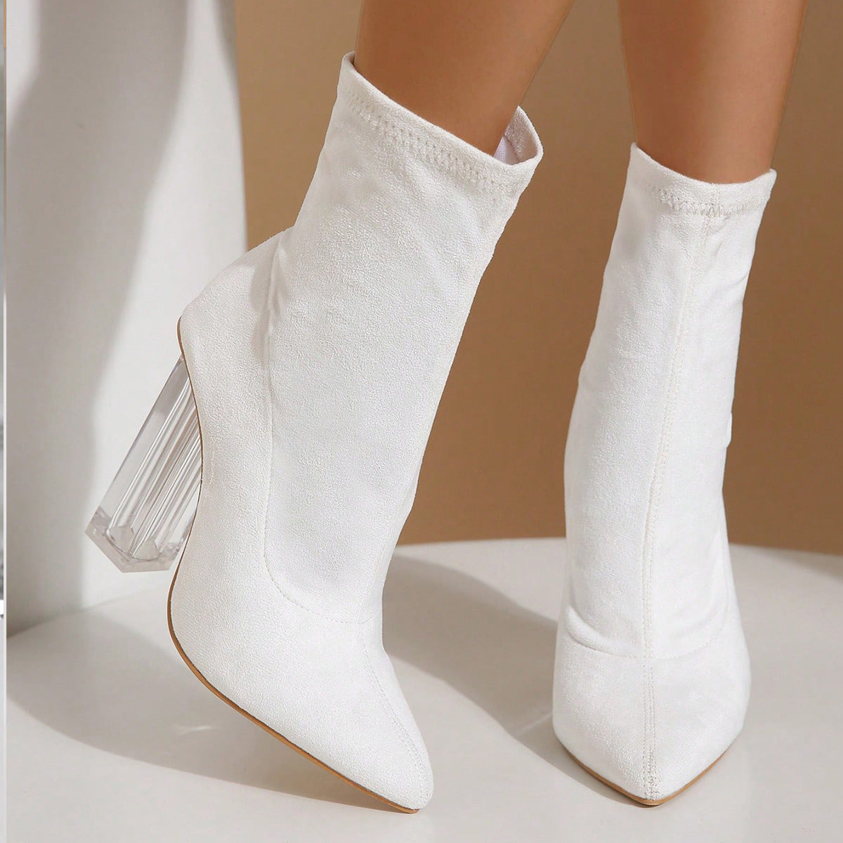 New Crystal Heel Boots Fashion High-heeled Party Shoes For Women Elastic Mid-calf Slim-foot Boots Autumn And Winter - EnigmaParis