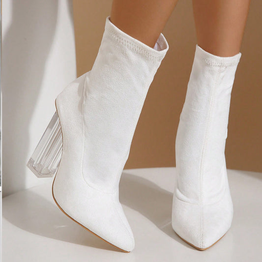 New Crystal Heel Boots Fashion High-heeled Party Shoes For Women Elastic Mid-calf Slim-foot Boots Autumn And Winter - EnigmaParis