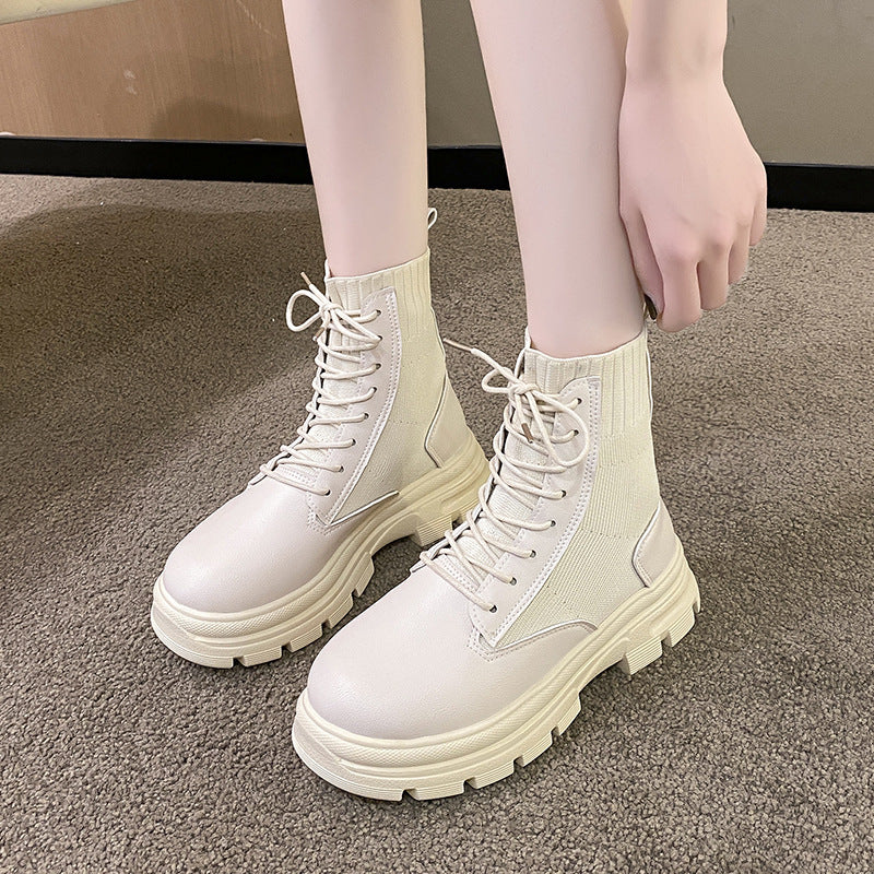 British Style Round Head Lace-up Knitted Mouth Casual Martin Boots Women - EnigmaParis