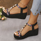 Women'S Bohemian Style Gemstone Embellished Wedge Sandals - Elegant Black T-Strap Open-Toe High Heel with Floral Accents, Comfortable Ankle Strap, Perfect for Beach Parties and Daily Outings, Beach Party Shoes|Bohemian Sandal