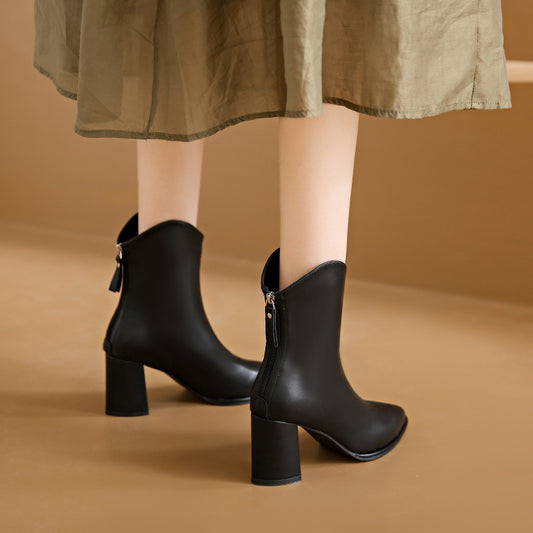 Genuine Leather Pointed Toe High Heel Boots Female White Chunky Heels - EnigmaParis