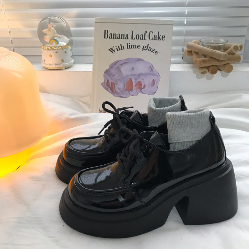 Thick High Heels With Lace Up Small Leather Shoes, Women's British Style Black Versatile High Rise Single Shoes - EnigmaParis