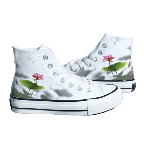 Chinese Style Canvas Shoes - Retro Landscape Painting, High-Top Board Shoe