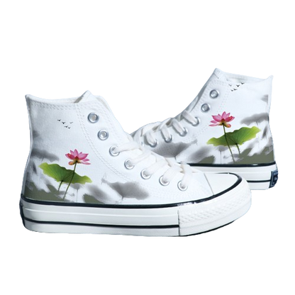 Chinese Style Canvas Shoes - Retro Landscape Painting, High-Top Board Shoe