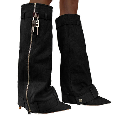 Pointed Female Fashion Metal Buckle Flanging Zipper Casual High Leg Boot - EnigmaParis