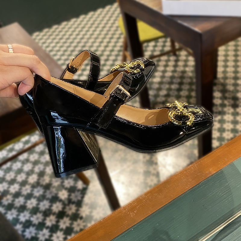 Women's High-heeled Mary Jane Shoes Horsebit Buckle Chunky Heel Square Toe Toe Cap - EnigmaParis