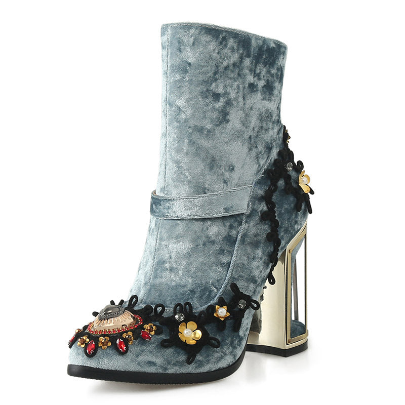 Heel Mid-tube Boots Beaded Embroidery Side Zipper Women Boots