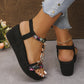 Women'S Bohemian Style Gemstone Embellished Wedge Sandals - Elegant Black T-Strap Open-Toe High Heel with Floral Accents, Comfortable Ankle Strap, Perfect for Beach Parties and Daily Outings, Beach Party Shoes|Bohemian Sandal