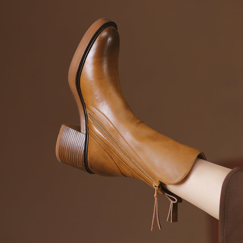 Thick Heel Brown Ankle Boots British Style Handsome.