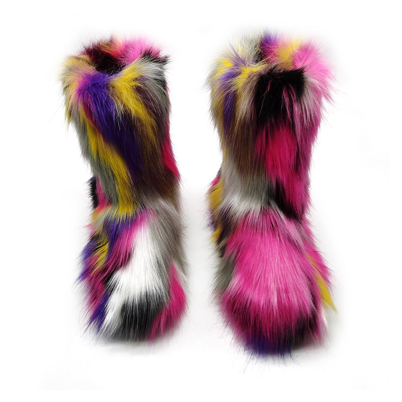 Women's Plush Snow Boots Plus Size Color Flat Women's Mid Boots - EnigmaParis
