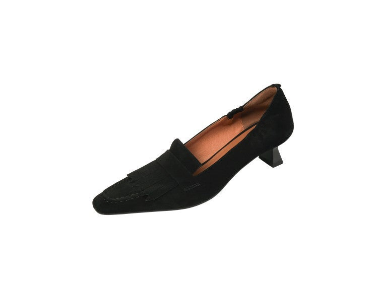 Simple Small Square Toe Tassel Retro Chunky Heel Women's Shoes