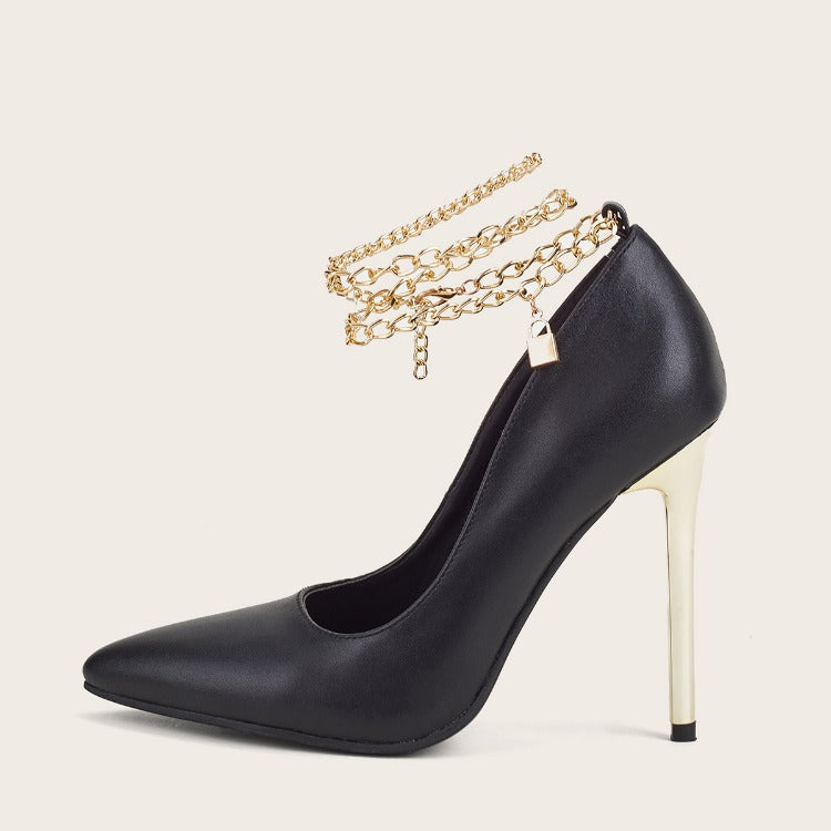 Women's Metal Chain Low-top Stiletto Heels - Elegant Pointed High Heel Shoes.