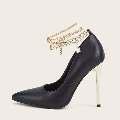 Women's Metal Chain Low-top Stiletto Heels - Elegant Pointed High Heel Shoes.