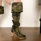 Women's Round Head Camouflage Denim Chunky Heel Long Boots - EnigmaParis