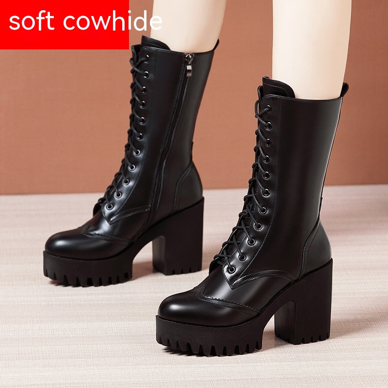 Leather High Heel Mid-calf Boots For Women Lace-up - EnigmaParis