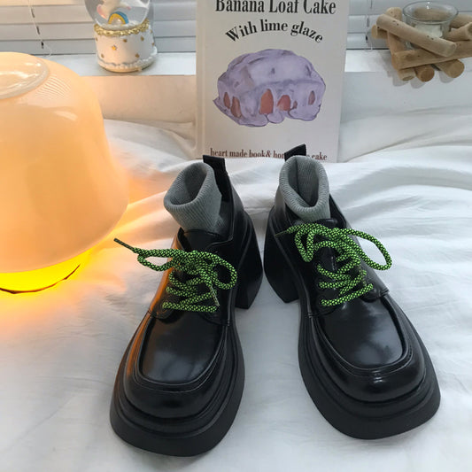 Thick High Heels With Lace Up Small Leather Shoes, Women's British Style Black Versatile High Rise Single Shoes - EnigmaParis