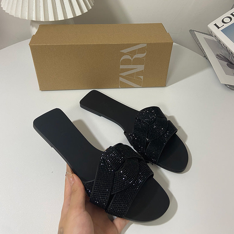 Stylish Rhinestone Flat Sandals: Open Toe, Perfect for Beach Wear - EnigmaParis