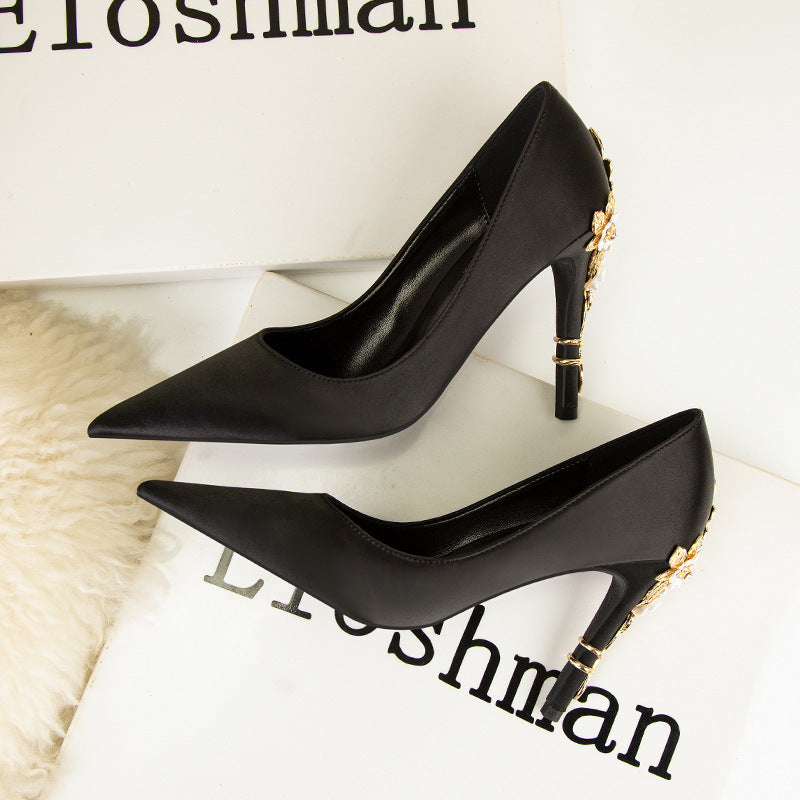 Women's Fashion Fashion Flower Stiletto High Heel Pointed Toe Satin Shoes