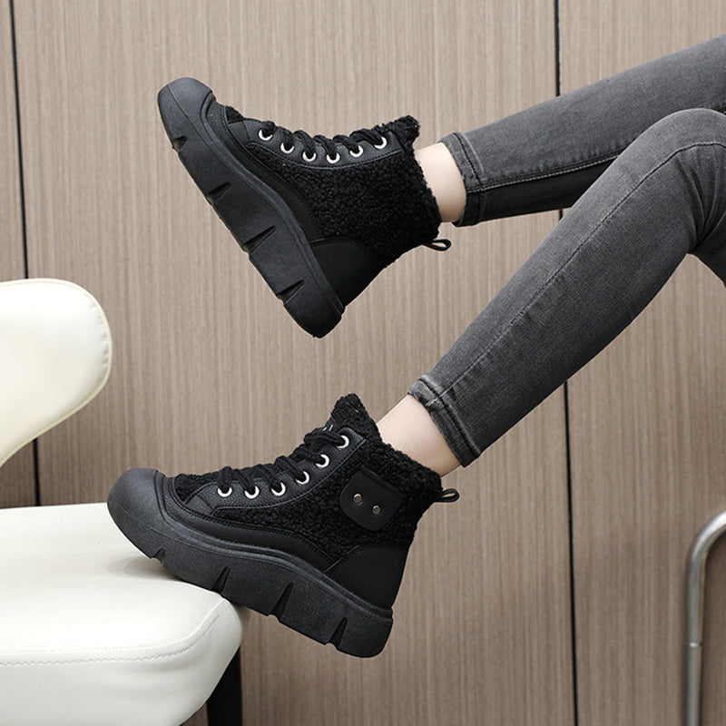 Lace-up High-top Flat Shoes For Women Winter Warm Cashmere Snow Boots Fashion Street Campus Students Height Increasing Shoes - EnigmaParis