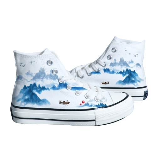 Chinese Style Canvas Shoes - Retro Landscape Painting, High-Top Board Shoe