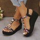 Women'S Bohemian Style Gemstone Embellished Wedge Sandals - Elegant Black T-Strap Open-Toe High Heel with Floral Accents, Comfortable Ankle Strap, Perfect for Beach Parties and Daily Outings, Beach Party Shoes|Bohemian Sandal
