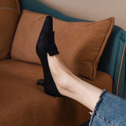 Simple Small Square Toe Tassel Retro Chunky Heel Women's Shoes