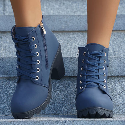 Fashoin Leopard Print Ankle Boots Winter Square Heel Suede Lace-up Zip Boots Women Casual Versatile Shoes Autumn And Winter - EnigmaParis