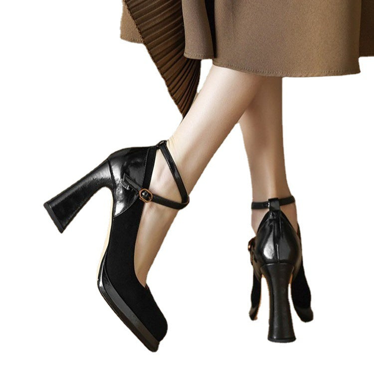Women's Black Chunky Heel Cross Strap High Heels - Versatile Square Toe Design.