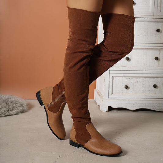 Fashion Over-the-knee Boots For Women Suede Stitching Low-heeled Long Boots With Side Zipper Design Party Shoes Winter - EnigmaParis