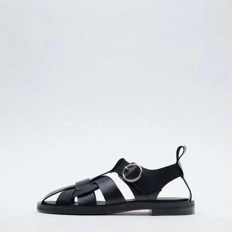 Casual Round Toe Leather Flat Sandals