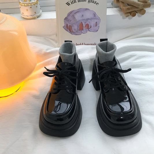 Thick High Heels With Lace Up Small Leather Shoes, Women's British Style Black Versatile High Rise Single Shoes - EnigmaParis