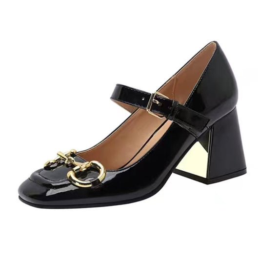 Women's High-heeled Mary Jane Shoes Horsebit Buckle Chunky Heel Square Toe Toe Cap - EnigmaParis