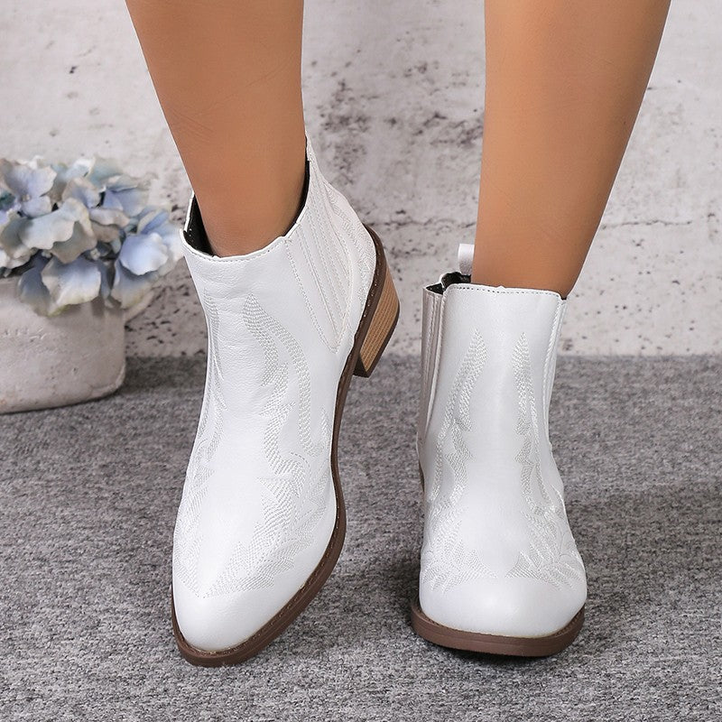 Women's Martin Vintage Pointed Toe Chunky Heel Embroidered Ankle Boots.