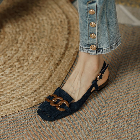 Women's Tassel Buckle Sandals Retro Square Toe.