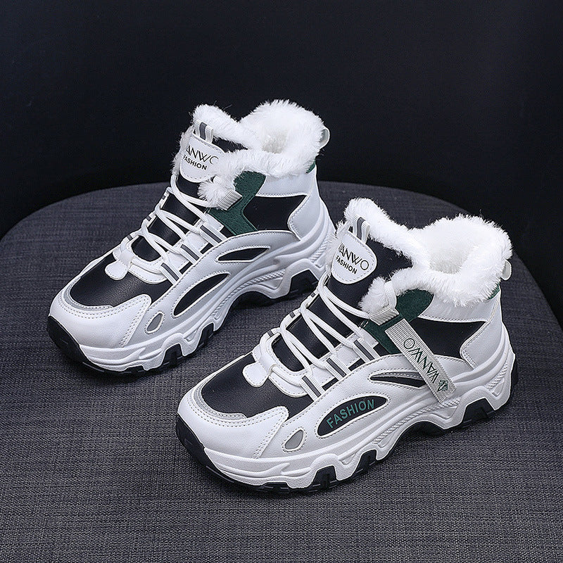 Fashion Black White Lace-up Sneakers Winter Warm All-match Plush Shoes Women Plus Velvet Fleece Flat High-top Sports Shoes - EnigmaParis
