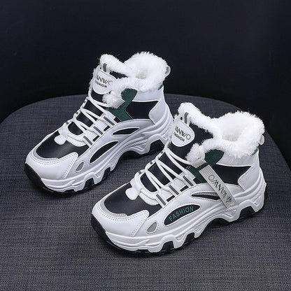 Fashion Black White Lace-up Sneakers Winter Warm All-match Plush Shoes Women Plus Velvet Fleece Flat High-top Sports Shoes - EnigmaParis