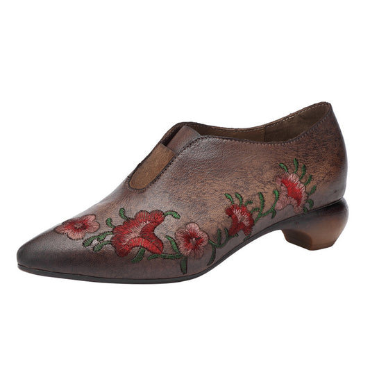Women's embroidered flower thick heel high heels