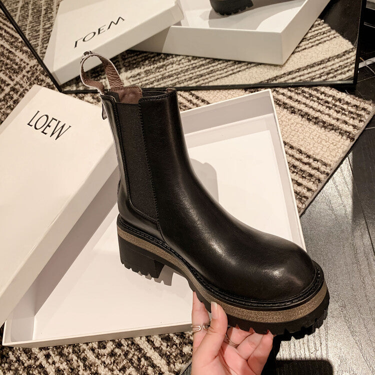 Women's Korean-style Thick High Heel Leather Round Toe Martin Boots - EnigmaParis