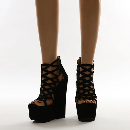 New Women's Shoes Hollow Wedge Heel Suede Toe Roman Sandals