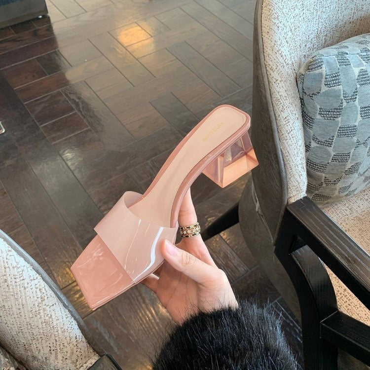 Spring and Summer Women's Fashionable Transparent Crystal High Heels - New Chunky Heel Square Toe Retro Footwear - EnigmaParis