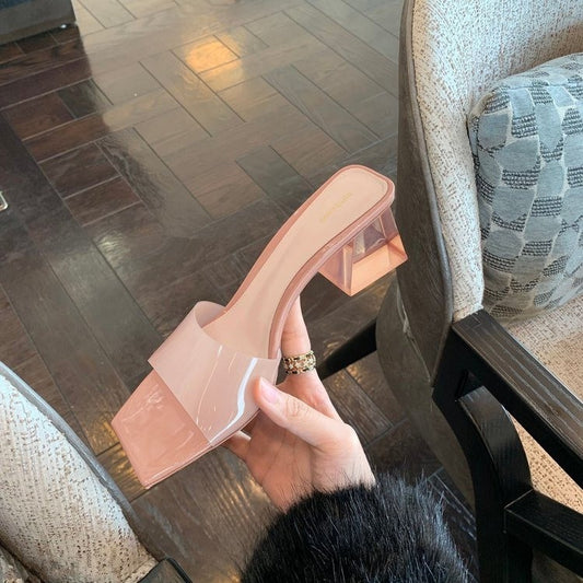 Spring and Summer Women's Fashionable Transparent Crystal High Heels - New Chunky Heel Square Toe Retro Footwear - EnigmaParis
