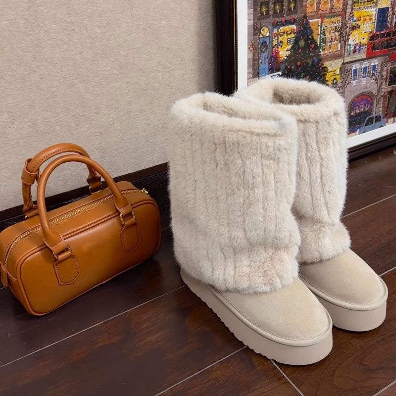 Plush Cute Cream Short Warm Fur Boots Winter Sleeve Platform Height Increasing Shoes - EnigmaParis