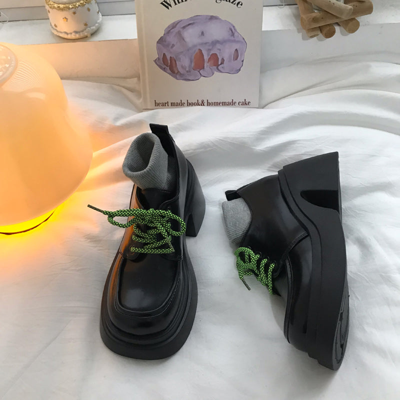 Thick High Heels With Lace Up Small Leather Shoes, Women's British Style Black Versatile High Rise Single Shoes - EnigmaParis