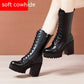 Leather High Heel Mid-calf Boots For Women Lace-up - EnigmaParis