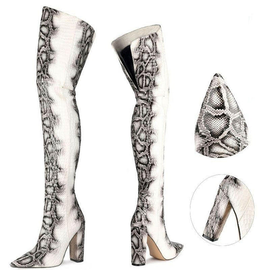 Women's Plus Size Pointed Snakeskin High Over-The-Knee Boots.