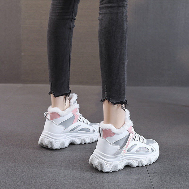 Fashion Black White Lace-up Sneakers Winter Warm All-match Plush Shoes Women Plus Velvet Fleece Flat High-top Sports Shoes - EnigmaParis